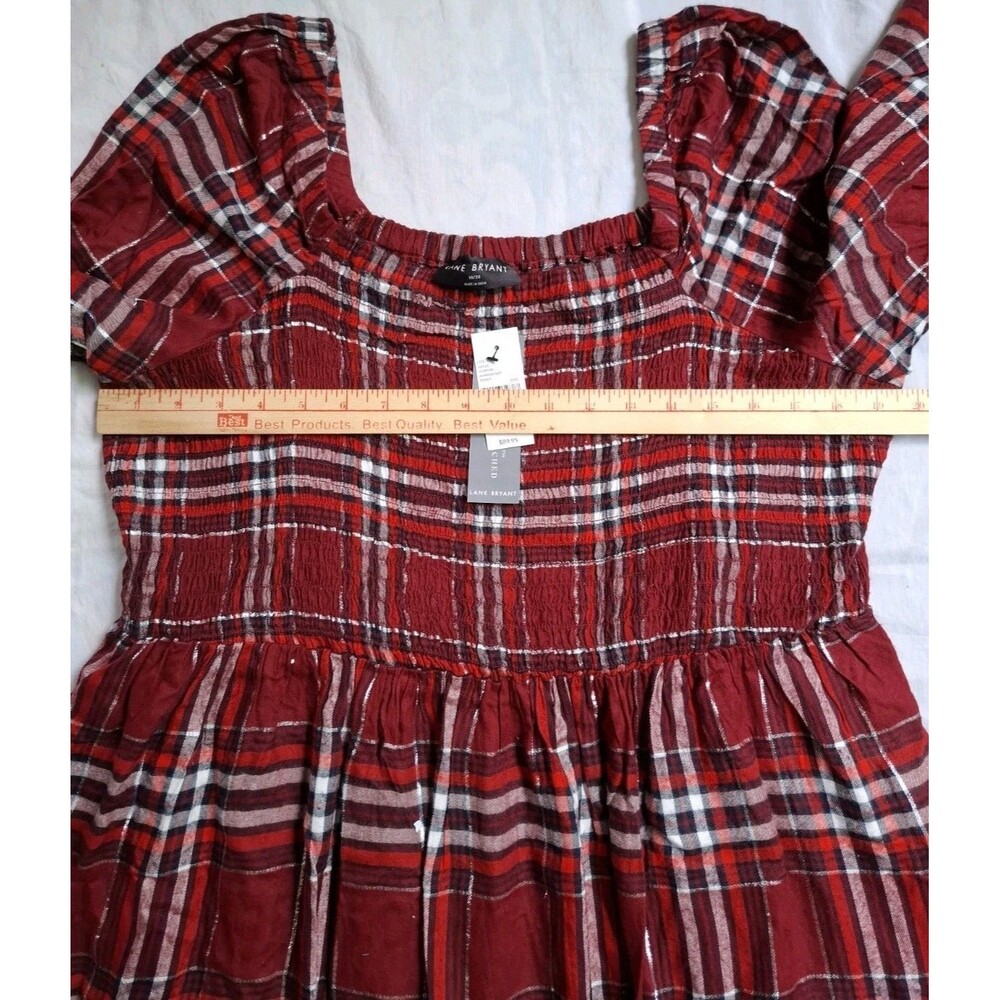 Lane Bryant Dress Red Plaid Square Neck Smocked Balloon Sleeves Womens 18/20 NWT - Picture 8 of 14
